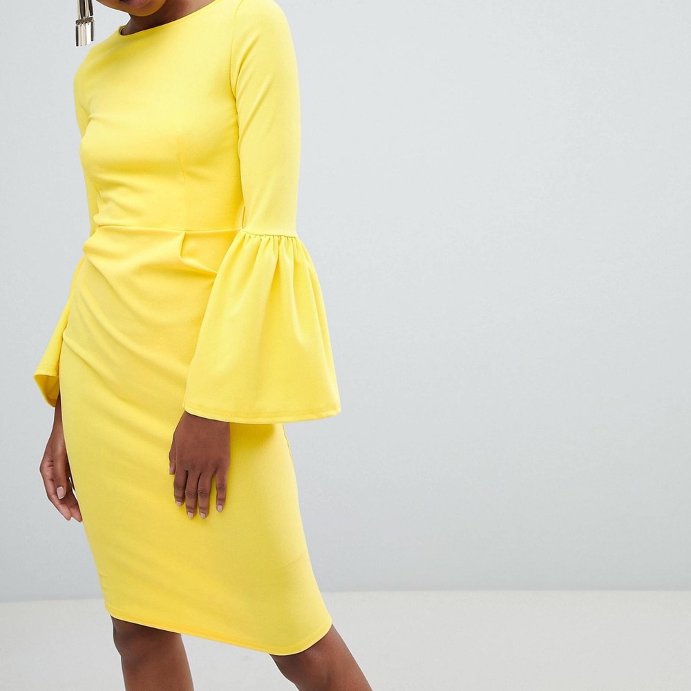 Pencil Dress With Extreme Frill Sleeve - Yellow